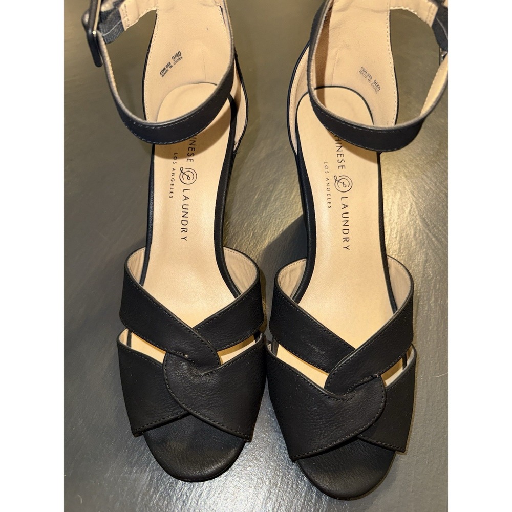 Chinese Laundry Black Wedge Sandals Women's Size 9‎ Ankle Strap 4" Heels Sexy